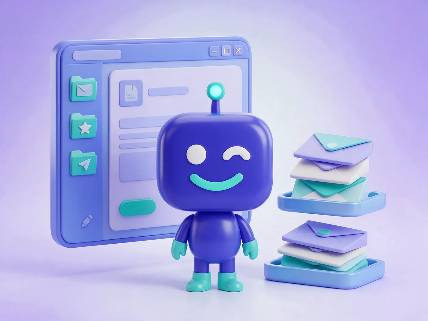 E-Mail Postfach für Teams: Armiflow Roboter vor einem E-Mail-Programm mit Ordnern, Signatur und Button