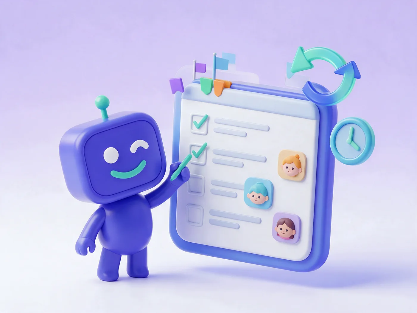 Aufgabenverwaltung für Teams: Armiflow Roboter hakt eine To-Do-Liste mit Prioritäten und Personen ab