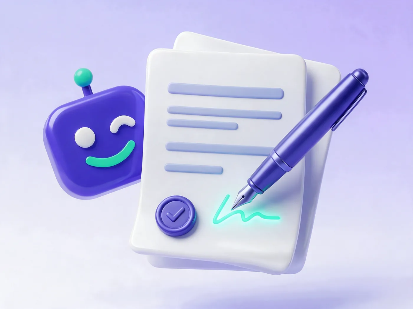 Vertrag wird mit Stift digital unterschrieben, Siegel mit Häkchen – Angebot und Vertrag