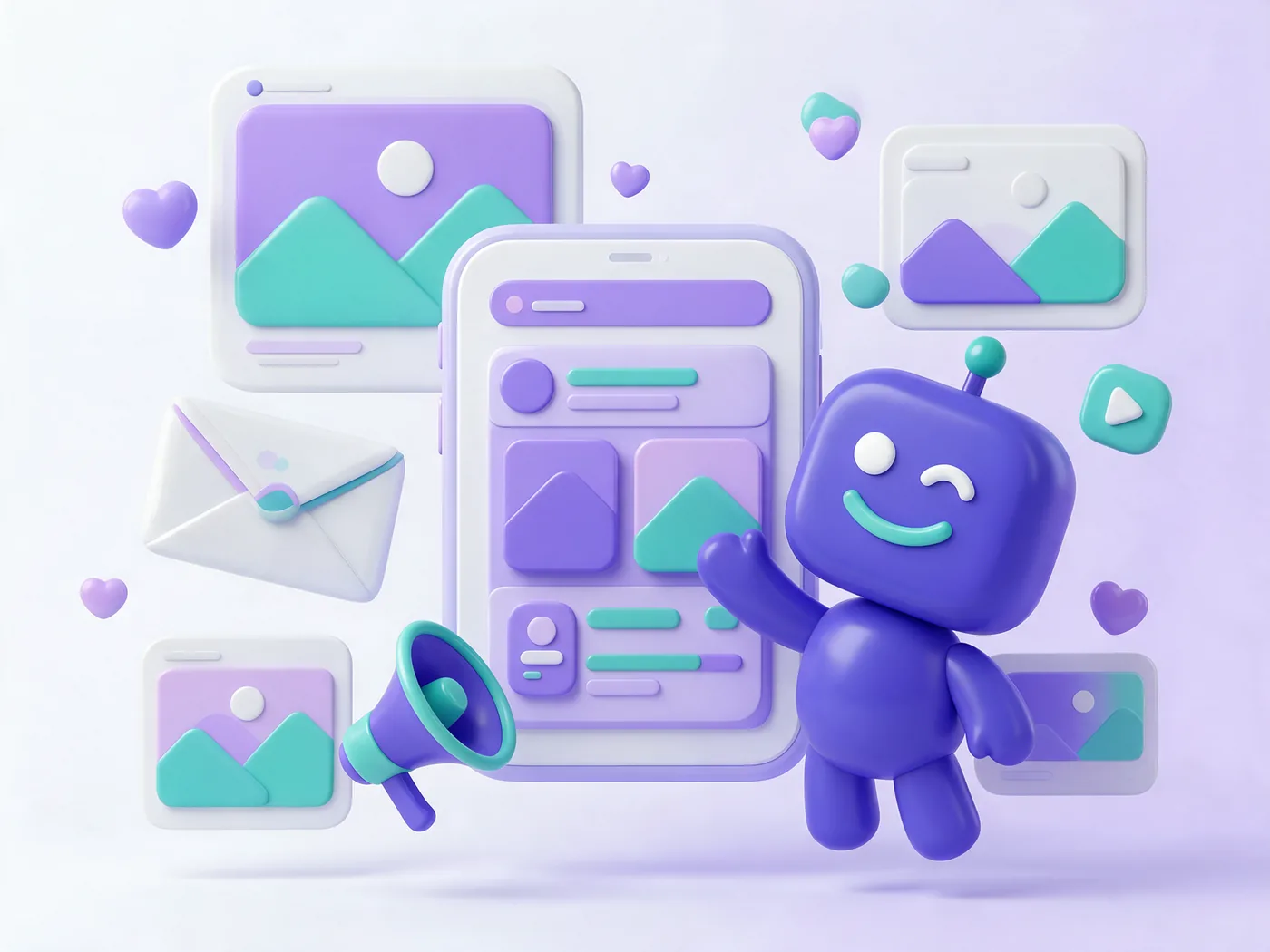 Smartphone mit Social-Media-Beiträgen, Newsletter und Megafon – Marketing
