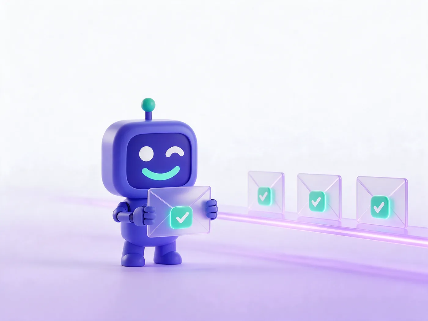 E-Mail Akquise B2B: Armiflow Roboter hält eine E-Mail mit Freigabe-Häkchen, weitere Entwürfe warten
