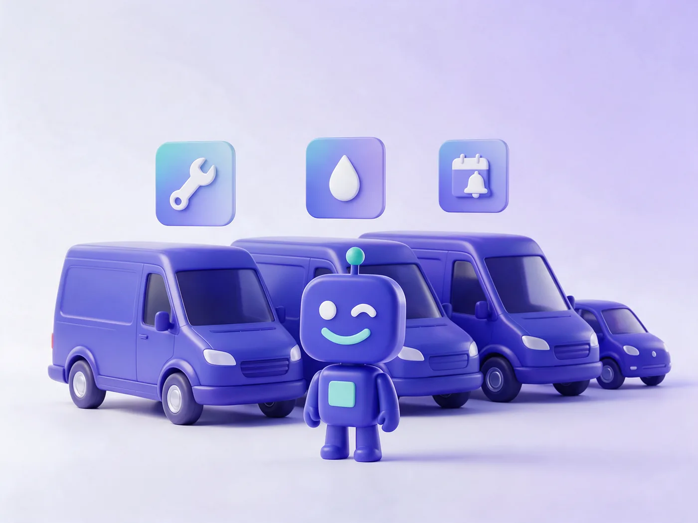 Fuhrparkmanagement Software: Armiflow Roboter vor Firmenfahrzeugen mit Service-, Tank- und Fristen-Symbolen