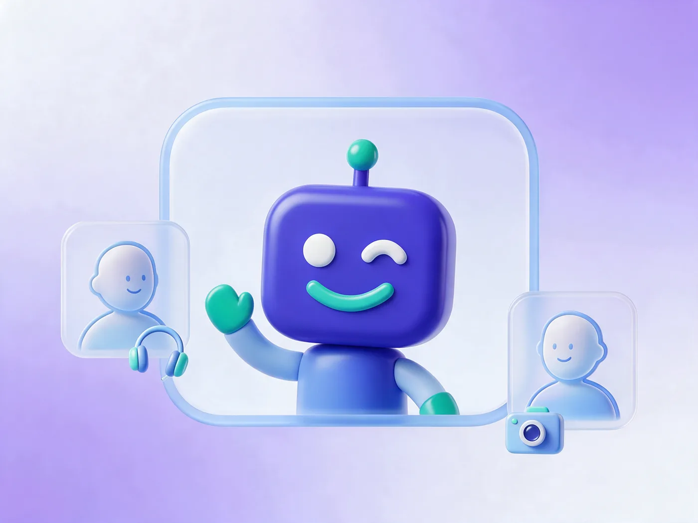 Armiflow Integration Meeting: Roboter winkt aus einem Videocall mit zwei Teilnehmern