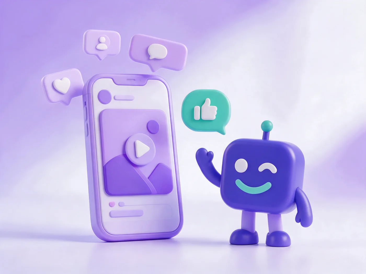 Smartphone mit Video-Beitrag und Kommentaren, Armiflow Roboter winkt – Social Media Posts mit KI erstellen
