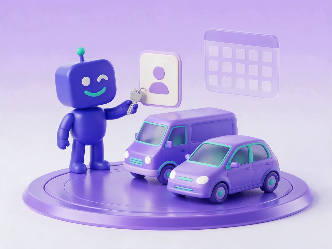 Software für Autovermietung: Armiflow Roboter übergibt einen Autoschlüssel, daneben Mietwagen, Transporter und Buchungskalender